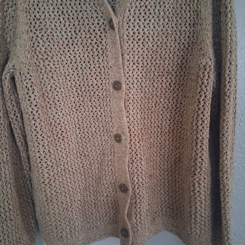 J Jill NWT Open Knit Button Down Cotton Blend Sweater Tan L. - Picture 4 of 7